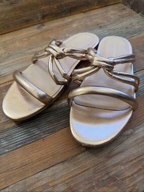 Stuart Weitzman Metallic Rose-Knot Slide Sandals